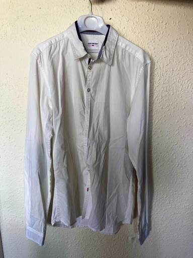Chemise manches longues blanche col tiré bleu marine